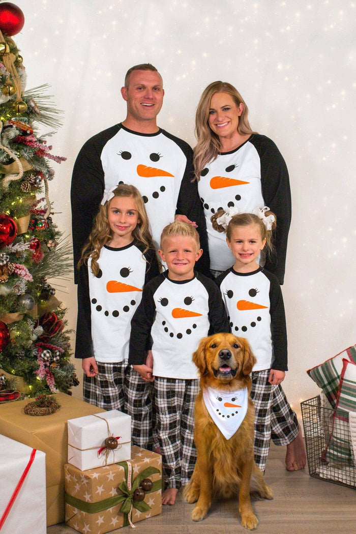 B&W Plaid Snowman Family Christmas Pajamas - AND PET BANDANA! - PET-Bandana-FAMILY - Family wearing matching black and white plaid snowman pajamas with raglan sleeves and a dog in a white snowman bandana.