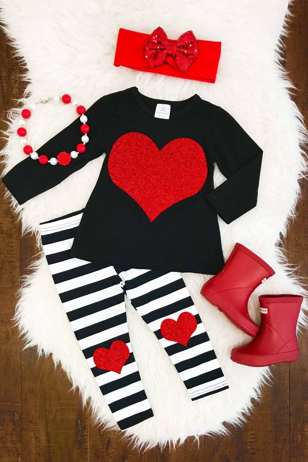 B&W Stripe Red Glitter Heart Outfit - Sparkle in Pink