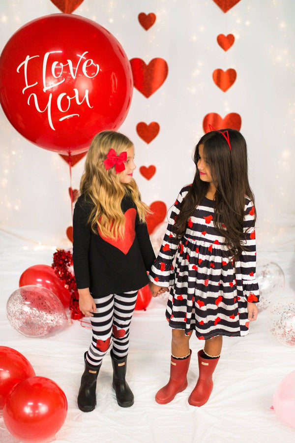 B&W Stripe Red Glitter Heart Outfit - Sparkle in Pink