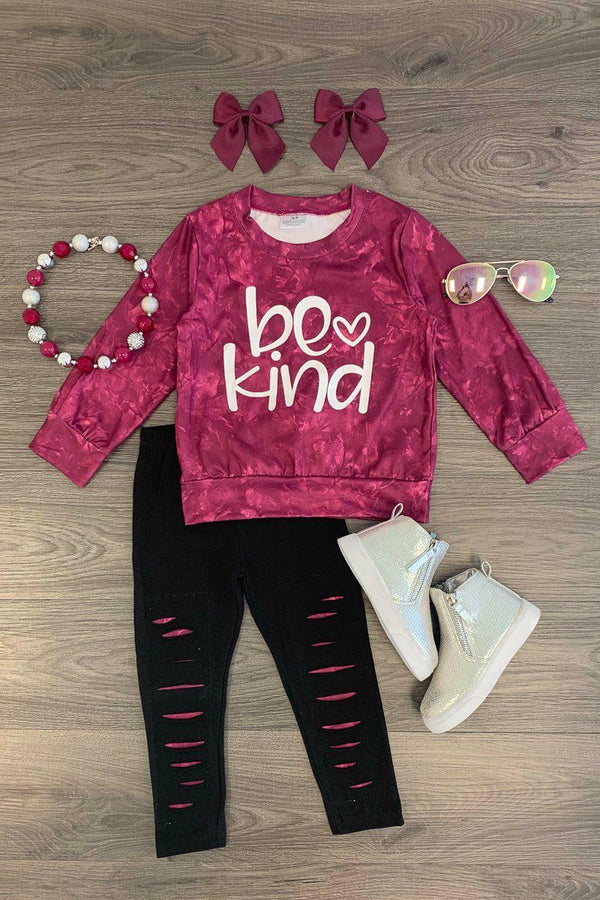 "Be Kind" Burgundy Distressed Legging Set - Sparkle in Pink