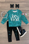 "Be Kind" Green Distressed Legging Set - Sparkle in Pink