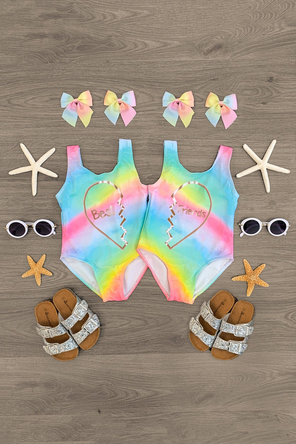 "Best Friends" Rainbow Heart BFF Swimsuit - Sparkle in Pink