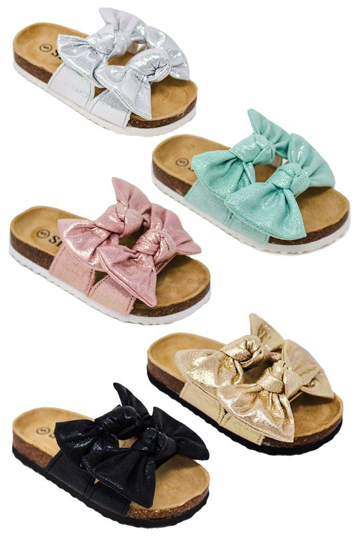 Birkley Metallic Double Bow Sandals - Pink / KIDS-5T - Kids metallic double bow sandals in silver, mint green, pink, gold, and black with cork footbeds.