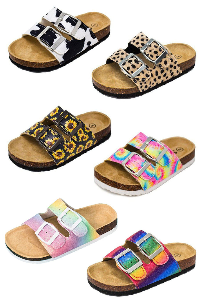 Patterned Birkley Sandals - Cow / KIDS-5T - Cow print black and white, tan leopard print, black with yellow sunflowers, pastel tie-dye, light pink with pastel rainbow.