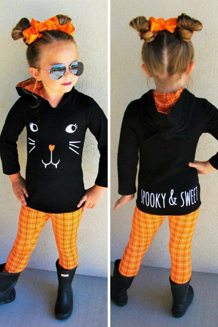 Black Cat Orange Plaid Hoodie Set - 3XS-6-12 Months - Toddler black hoodie with cat face front, orange plaid leggings, matching hair bows, and black boots.