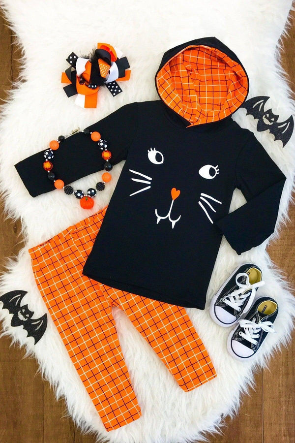 Black Cat Orange Plaid Hoodie Set - Sparkle in Pink