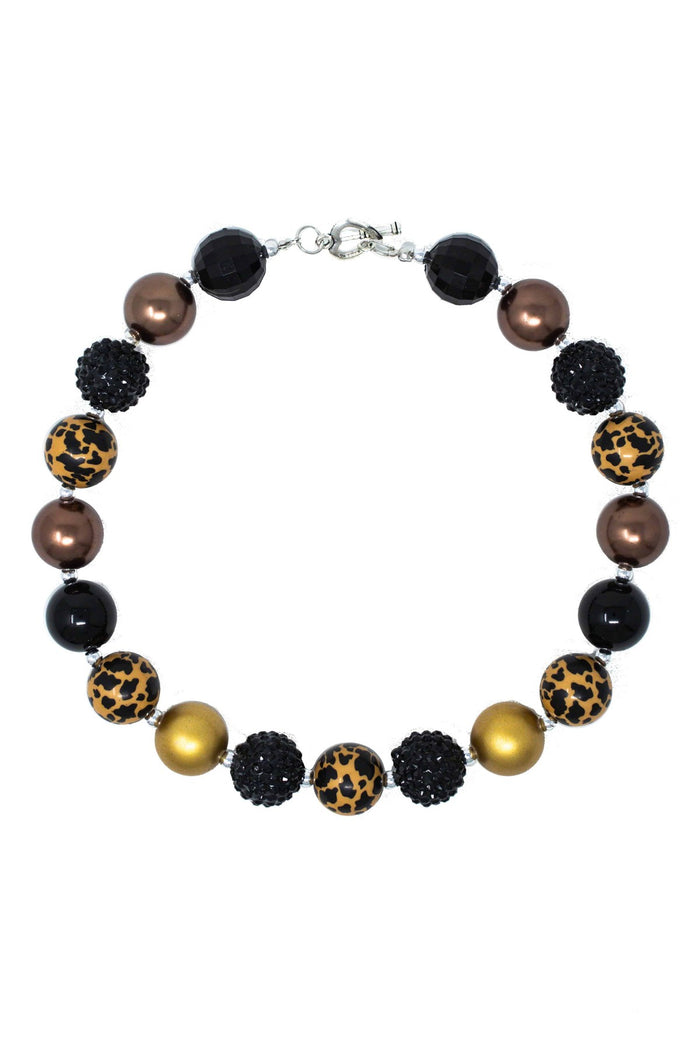 Black Cheetah Bubblegum Necklace - Default Title - Black, brown, gold, and leopard print round beads necklace with textured black beads and silver clasp.