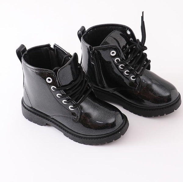 Black Glitter Lace-Up Combat Boots - Sparkle in Pink
