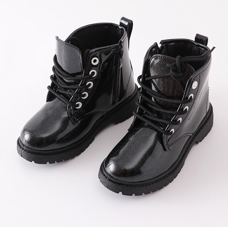 Girls Boots Toddler Glitter Combat Boots Black Glitter Lace-Up