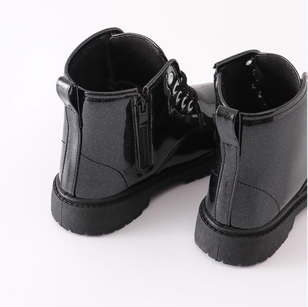 Black Glitter Lace-Up Combat Boots - Sparkle in Pink