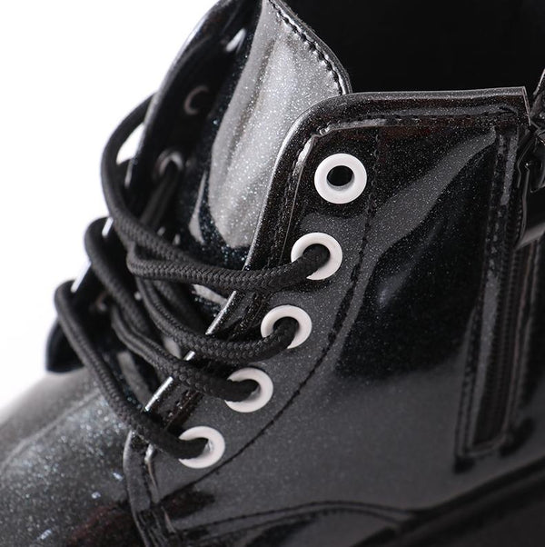 Black Glitter Lace-Up Combat Boots - Sparkle in Pink