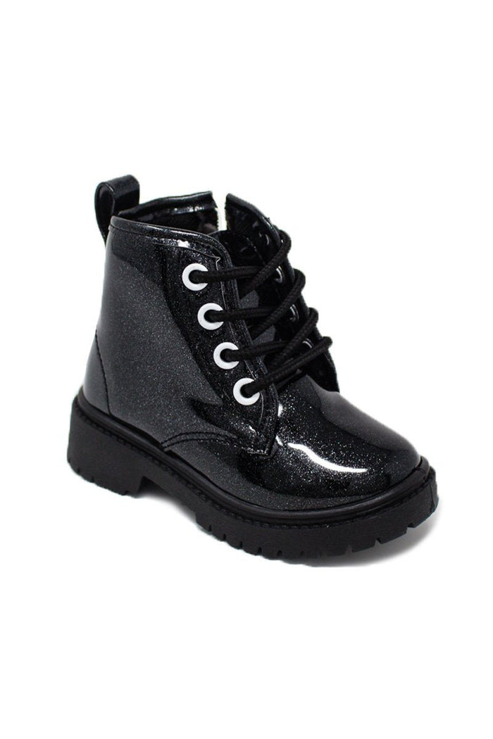 Black Glitter Lace-Up Combat Boots - KIDS-5T - Black glittery kids' lace-up combat boot with thick sole and pull tab at heel.