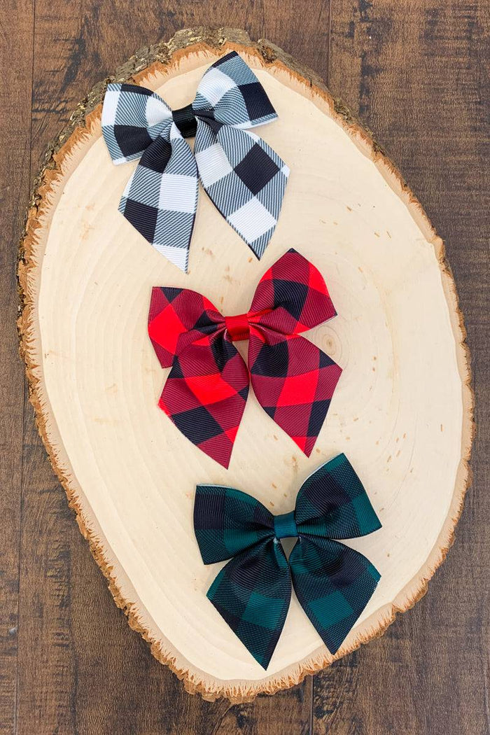 Plaid Hair Bows & Sizes! - Green / 3 inches - Black and white, red and black, and green and black plaid hair bows on wooden slice background.