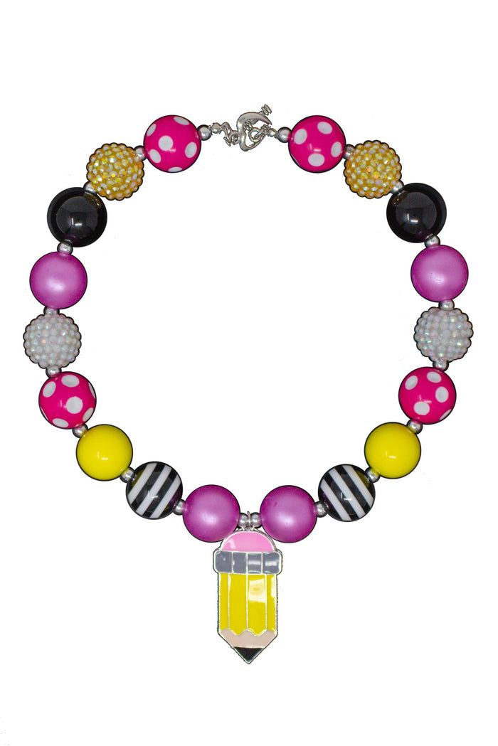 Black & Pink Pencil Bubblegum Necklace - Default Title - Beaded necklace with pink, black, yellow, and white striped and polka dot beads, featuring a yellow pencil charm.