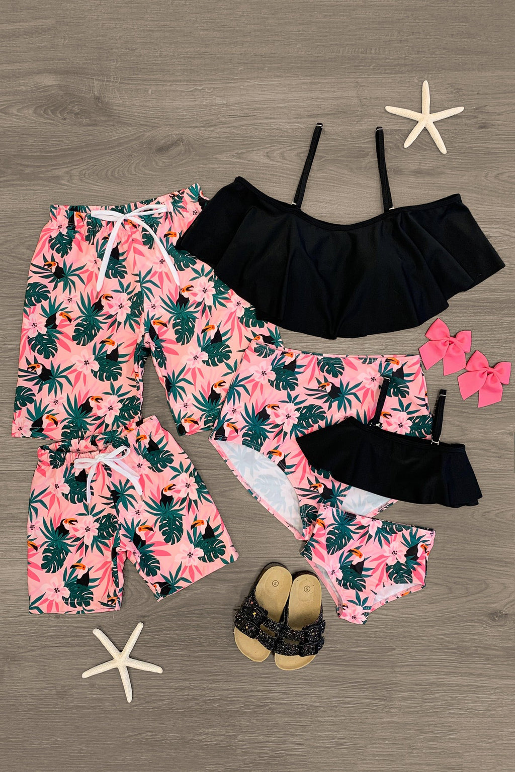 Black & Pink Tropical Family Swimsuits - Sparkle in Pink