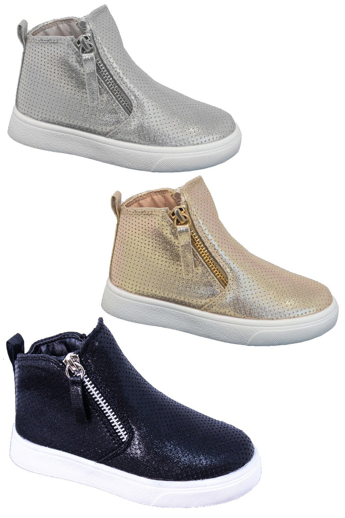 Metallic Shimmer Booties - Silver / KIDS-5T - Three metallic shimmer booties in silver, gold, and black with side zippers and white soles.