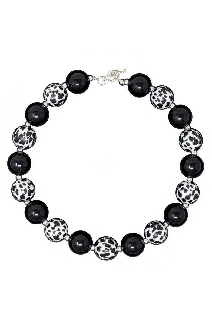 Black & White Cheetah Bubblegum Necklace - Default Title - Black and white cheetah print and solid black bubblegum bead necklace with silver clasp.