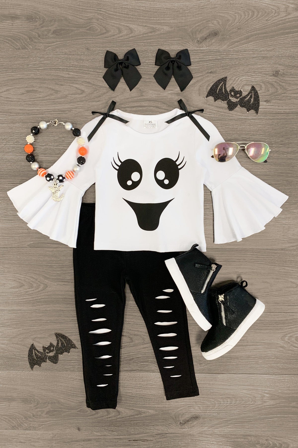 Black & White Ghost Distressed Legging Set - 3XS-6-12 Months - Toddler ghost face white top with ruffled bell sleeves and black distressed leggings set with matching black boots and.