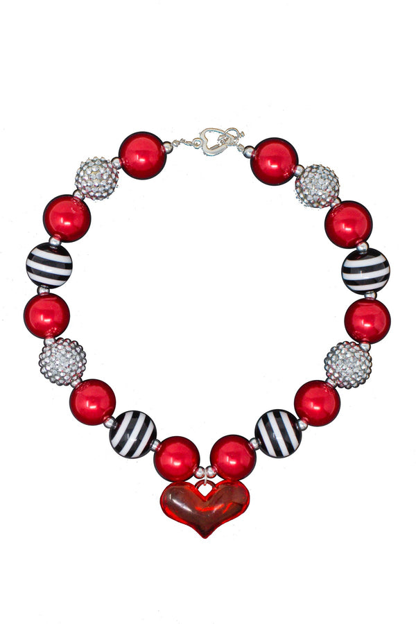Black & White Stripe Heart Bubblegum Necklace - Sparkle in Pink