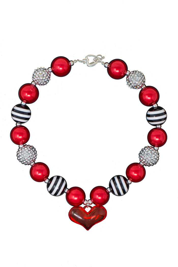 Black & White Stripe Heart Bubblegum Necklace - Default Title - Red and white striped heart pendant necklace with alternating red and black-and-white striped round beads.