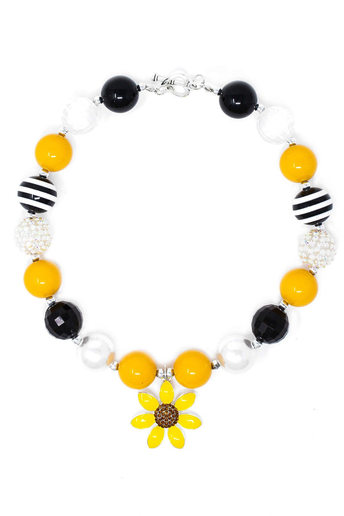 Black & Yellow Sunflower Bubblegum Necklace - Default Title - Black and yellow beaded necklace with a central sunflower charm and silver accents.