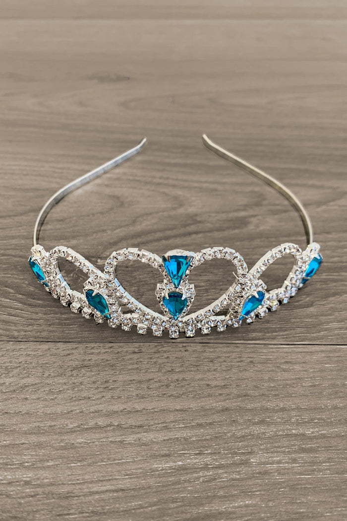 Blue Princess Tiara - Default Title - Silver tiara adorned with blue teardrop and round gemstones in a heart-shaped design.