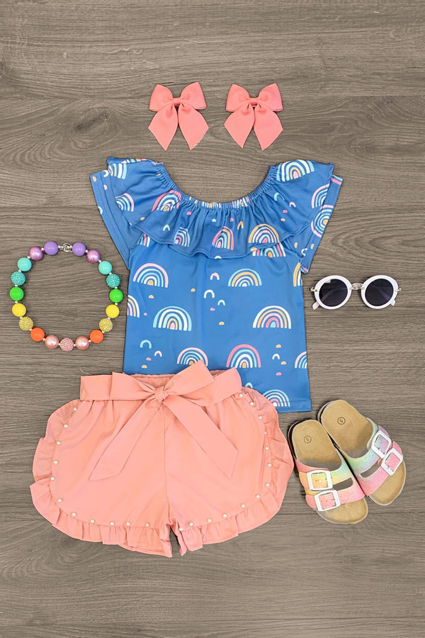 Blue Rainbows & Blush Pearl Tie Short Set - Sparkle in Pink