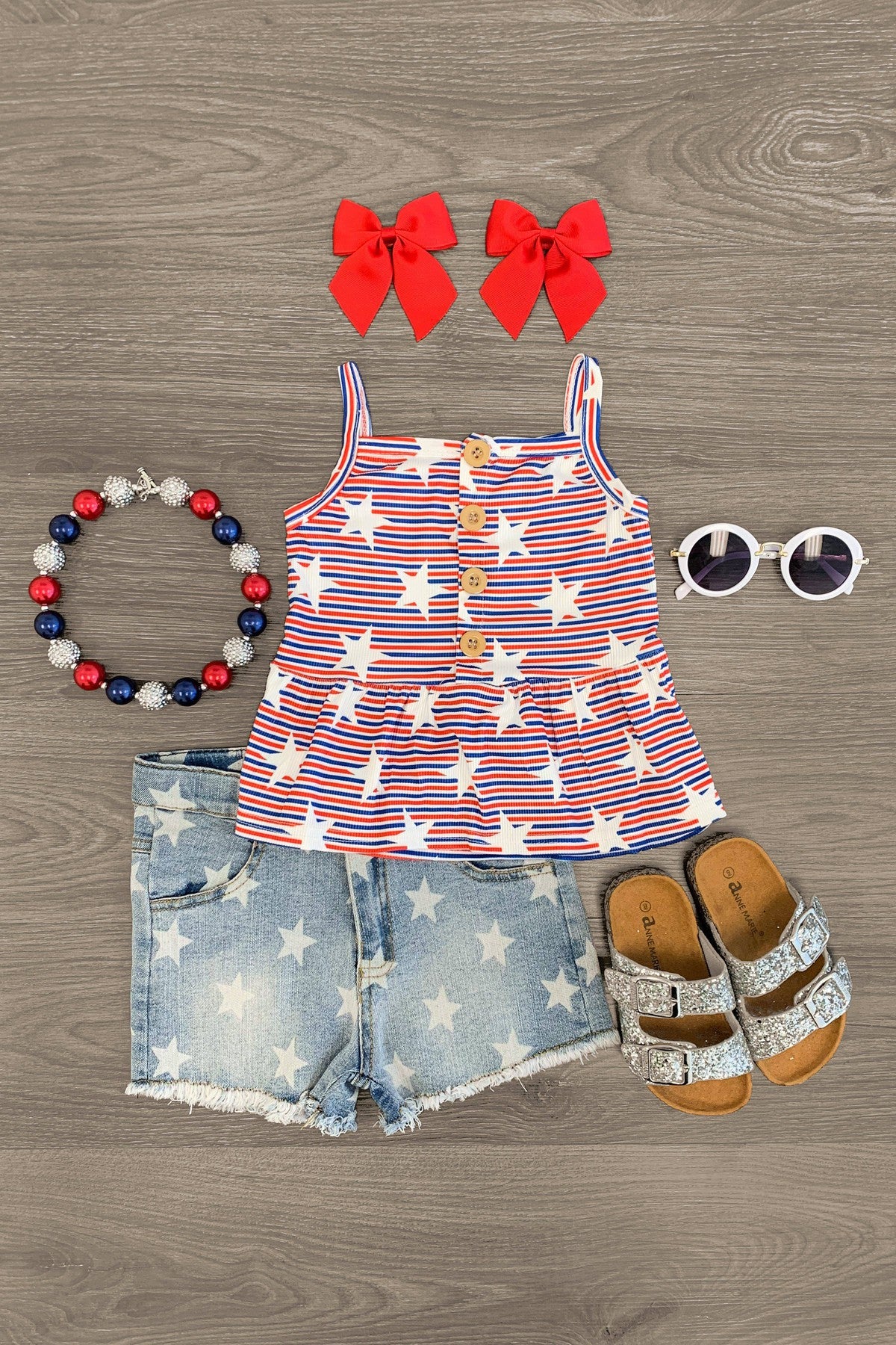 Blue & Red Striped Stars Button Up Tunic Tank Top - Sparkle in Pink