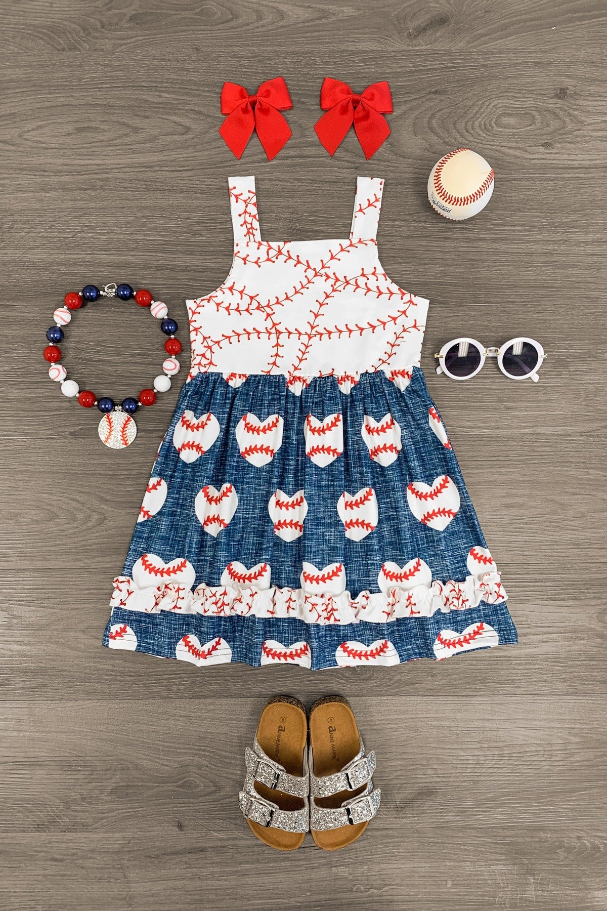 Blue & White Baseball Heart Dress - Sparkle in Pink