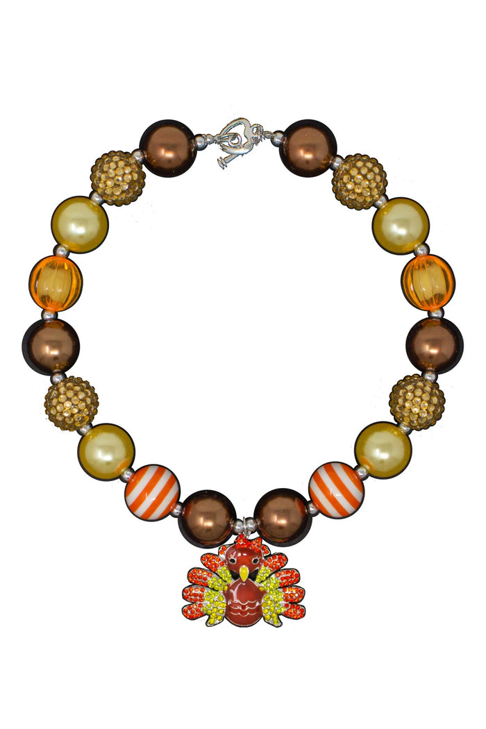 Brown & Gold Turkey Bubblegum Necklace - Default Title - Brown and gold beaded necklace with striped and textured beads and a turkey charm pendant.