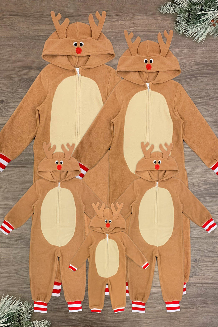 Brown Reindeer Family Onesie Pajamas - CHILD-3XS-6-12 Months-FAMILY - Matching brown reindeer family onesie pajamas with antler hoods and red-nosed face details.