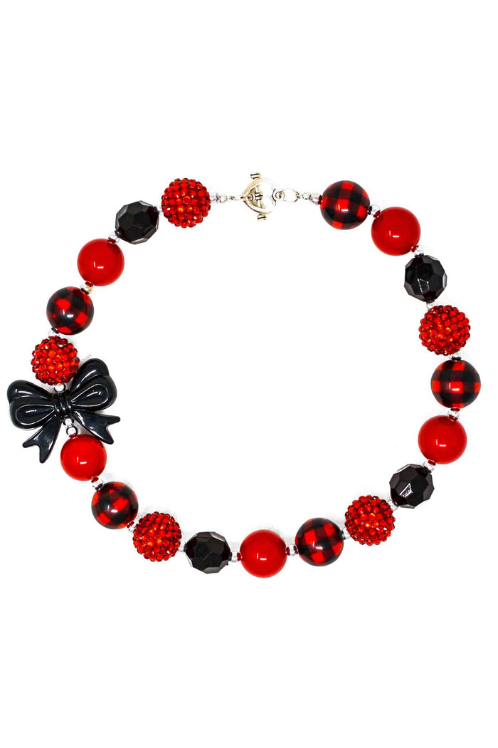 Buffalo Plaid Bow Bubblegum Necklace - Default Title - Red and black buffalo plaid bubblegum necklace with a black bow accent and round beads.