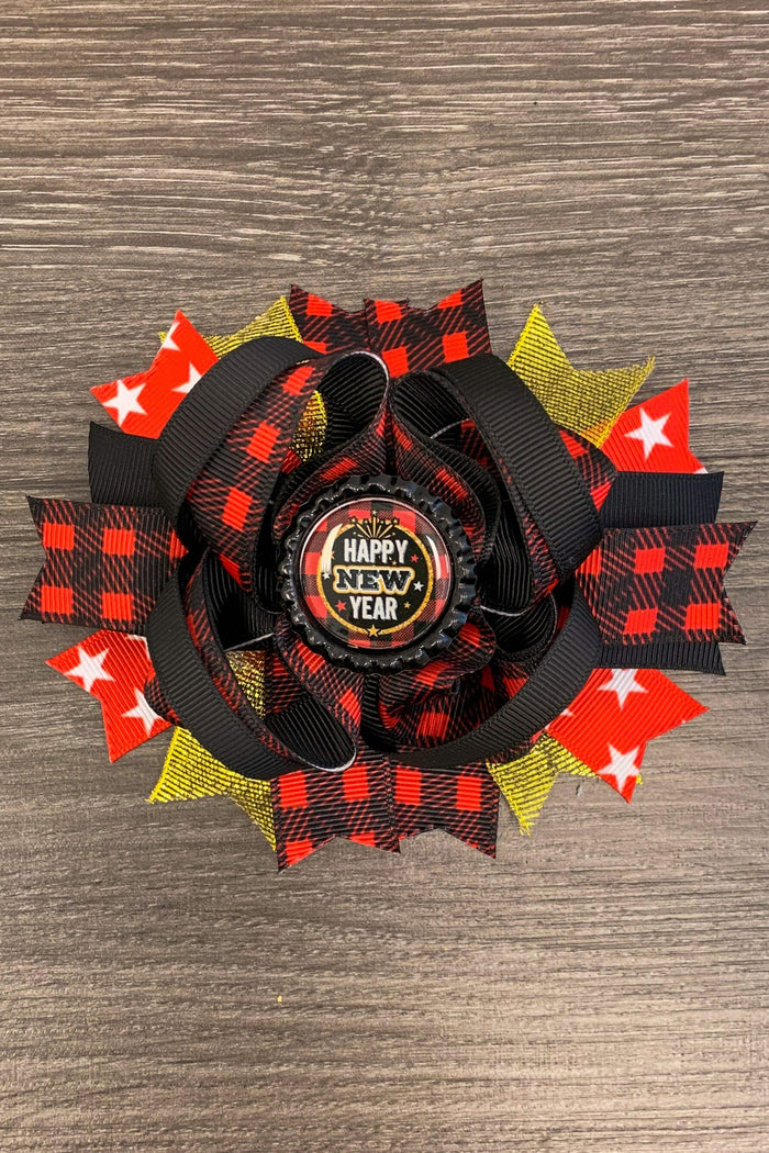 Buffalo Plaid "Happy New Year" Bow - Default Title - Red and black buffalo plaid bow with black ribbon center and "Happy New Year" button, accented with red star and gold.