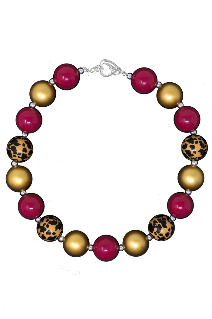 Burgundy Cheetah Bubblegum Necklace - Default Title - Burgundy, gold, and cheetah print round beads bubblegum necklace with silver clasp.