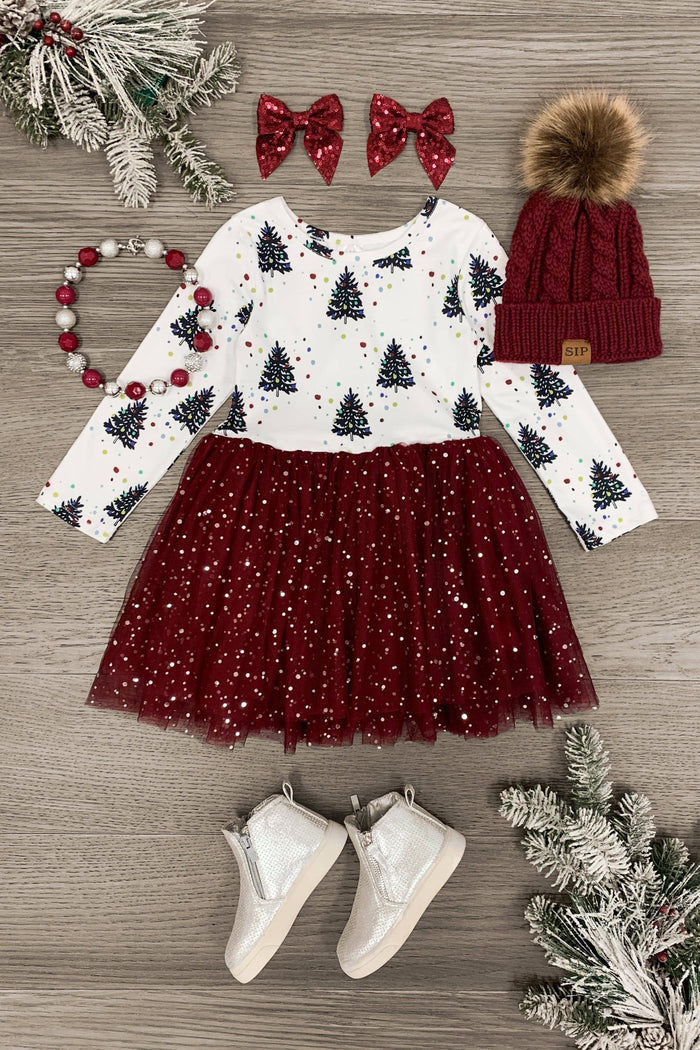 Burgundy Christmas Tree Tutu Dress - 3XS-6-12 Months - Burgundy tutu dress with white long-sleeve top printed with black Christmas trees, paired with burgundy bow clips, beaded.