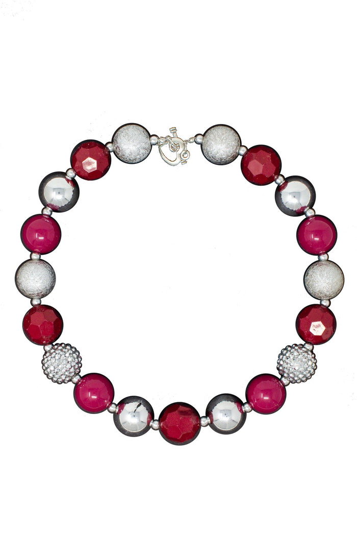 Burgundy & Silver Bubblegum Necklace - Default Title - Burgundy and silver round bead necklace with alternating shiny and textured beads and silver clasp.