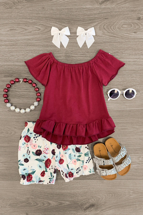 Burgundy & White Floral Bubble Short Set - Sparkle in Pink