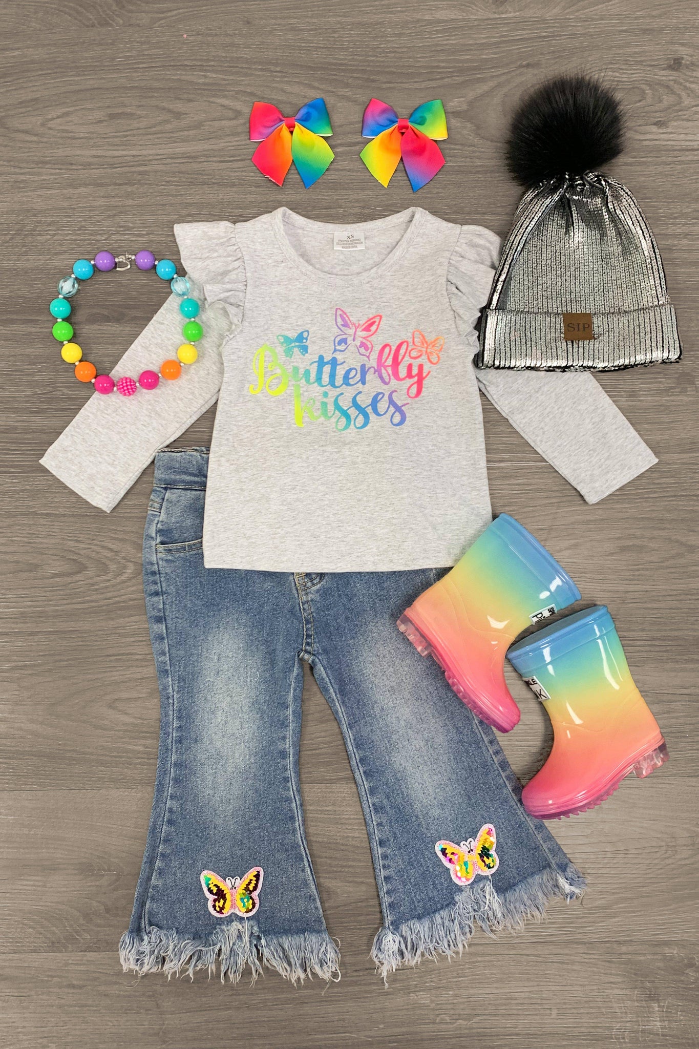 "Butterfly Kisses" Sequin Denim Flare Set - Sparkle in Pink