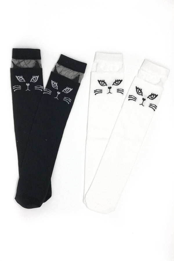 Cat Knee High Socks - Black or White - Sparkle in Pink