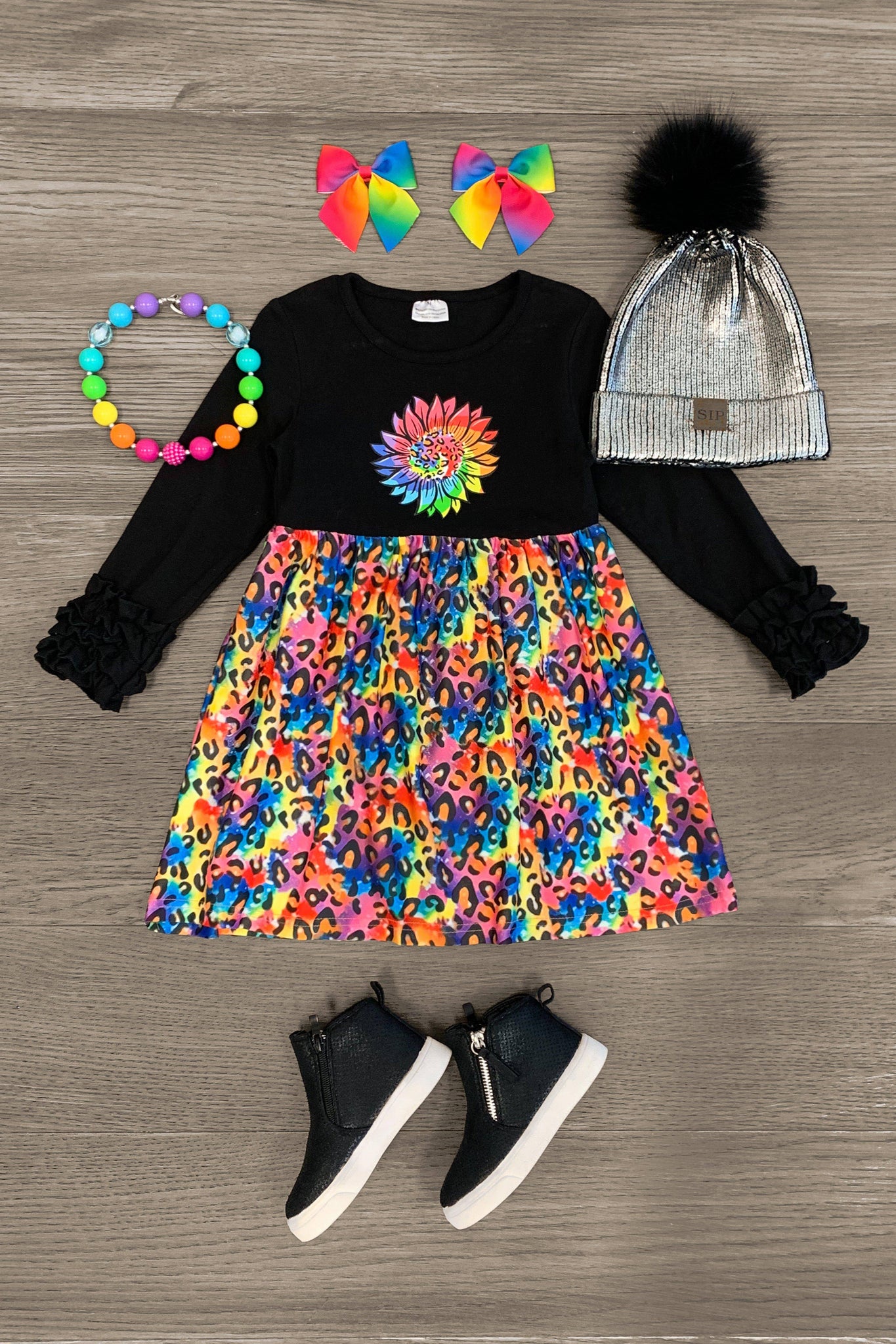 Cheetah Rainbow Sunflower Dress - Sparkle in Pink