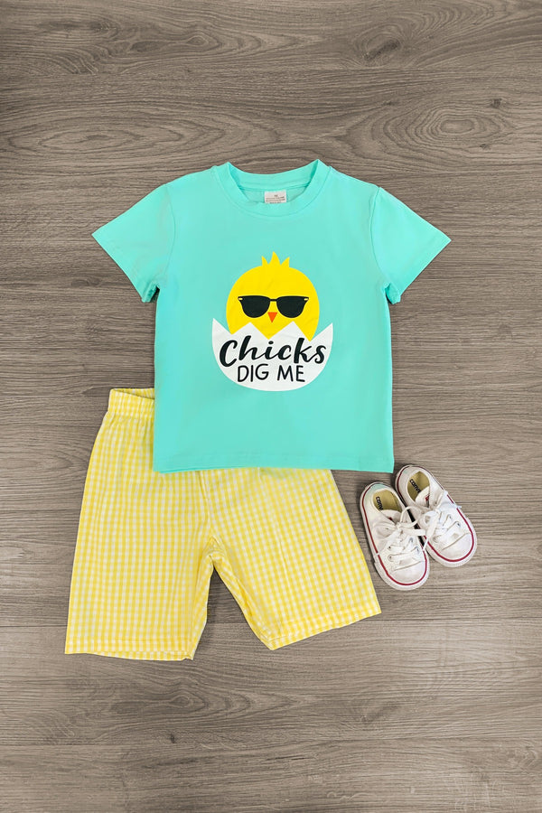 "Chicks Dig Me" Mint & Yellow Gingham Short Set - Sparkle in Pink
