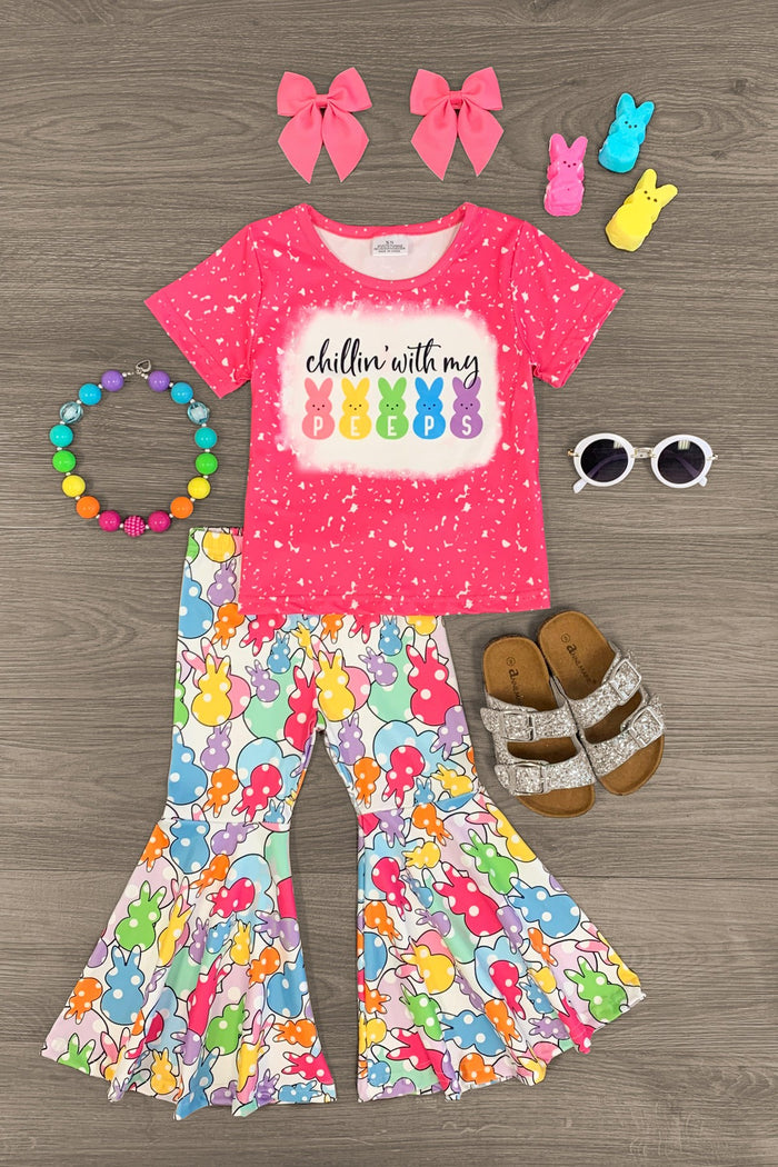 "Chillin' With My Peeps" Pink Bell Bottom Set - 3XS-6-12 Months - Pink speckled t-shirt with "chillin' with my peeps" and colorful bunny graphic, paired with rainbow-colored floral bell.