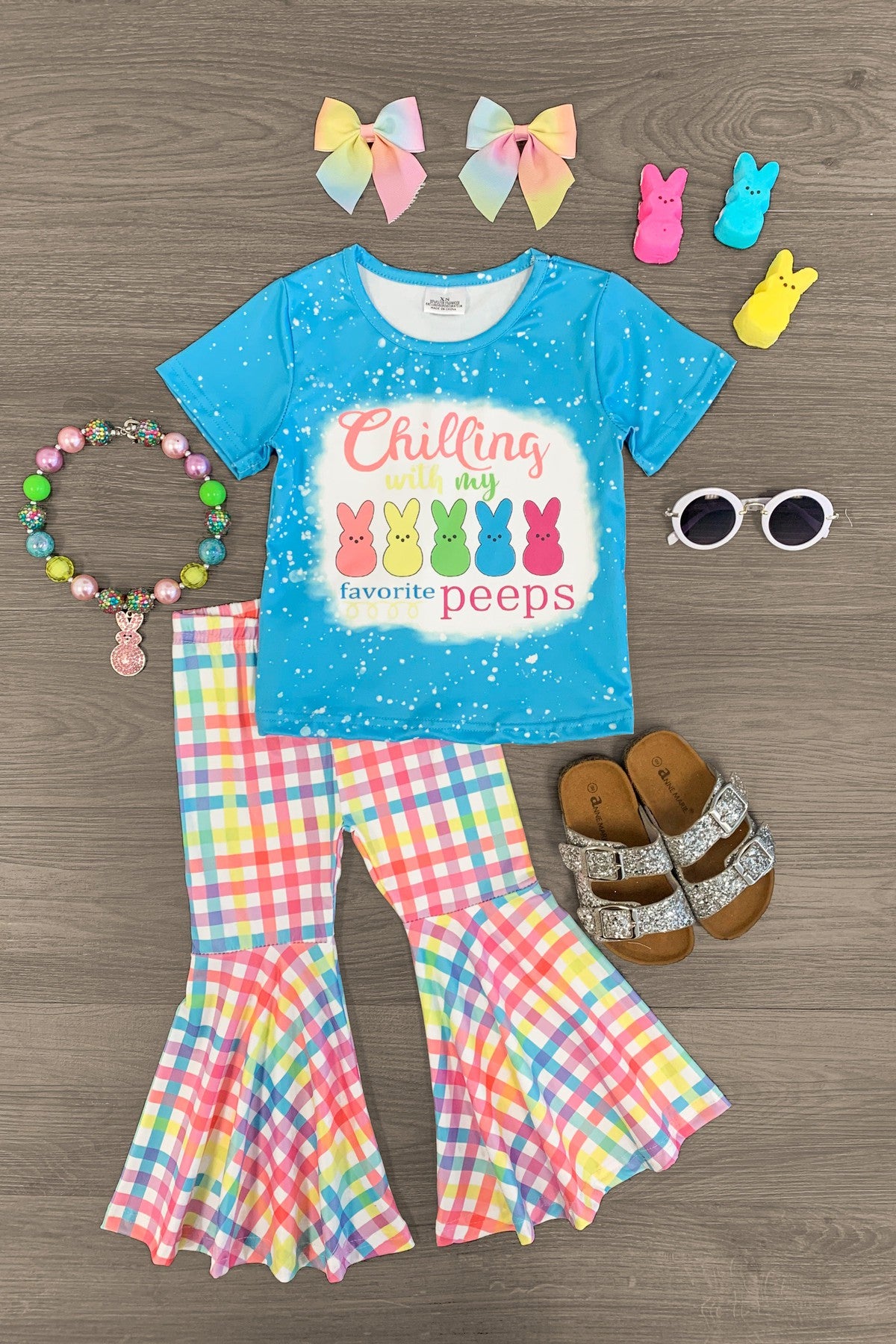 "Chilling With My Favorite Peeps" Colorful Bell Bottom Set - Sparkle in Pink