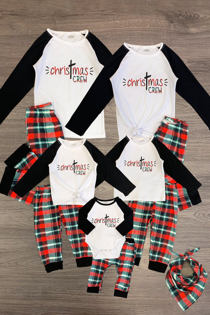 "Christmas Crew" Plaid Family Pajamas - AND PET BANDANA! - PET-Bandana-FAMILY - Matching red and green plaid family pajamas with black raglan sleeves and "Christmas Crew" text, includes a pet bandana with .