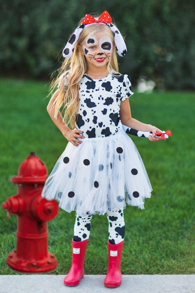Dalmatian 5 Piece Costume Set - XXS-12-18 Months - Kid's Dalmatian costume with black and white spotted dress, matching leggings, floppy ears headband, and red bow with polka.