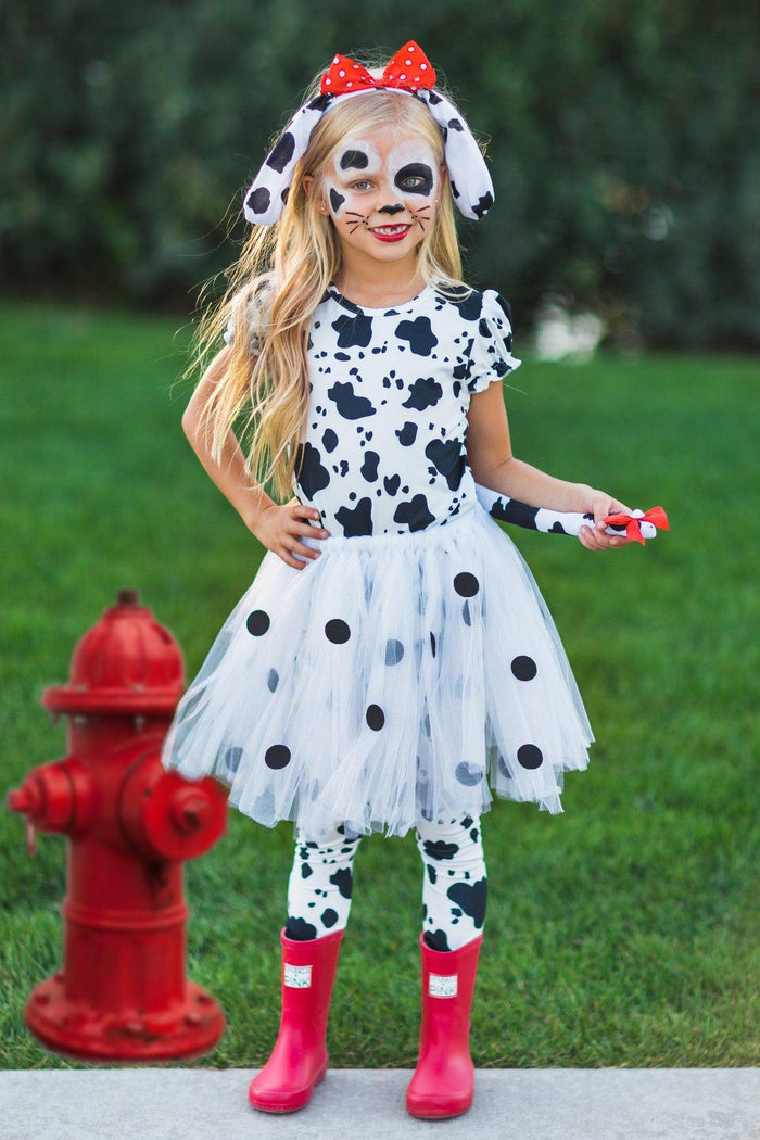Dalmatian 5 Piece Costume Set - XXS-12-18 Months - Kid's Dalmatian costume with black and white spotted dress, matching leggings, floppy ears headband, and red bow with polka.