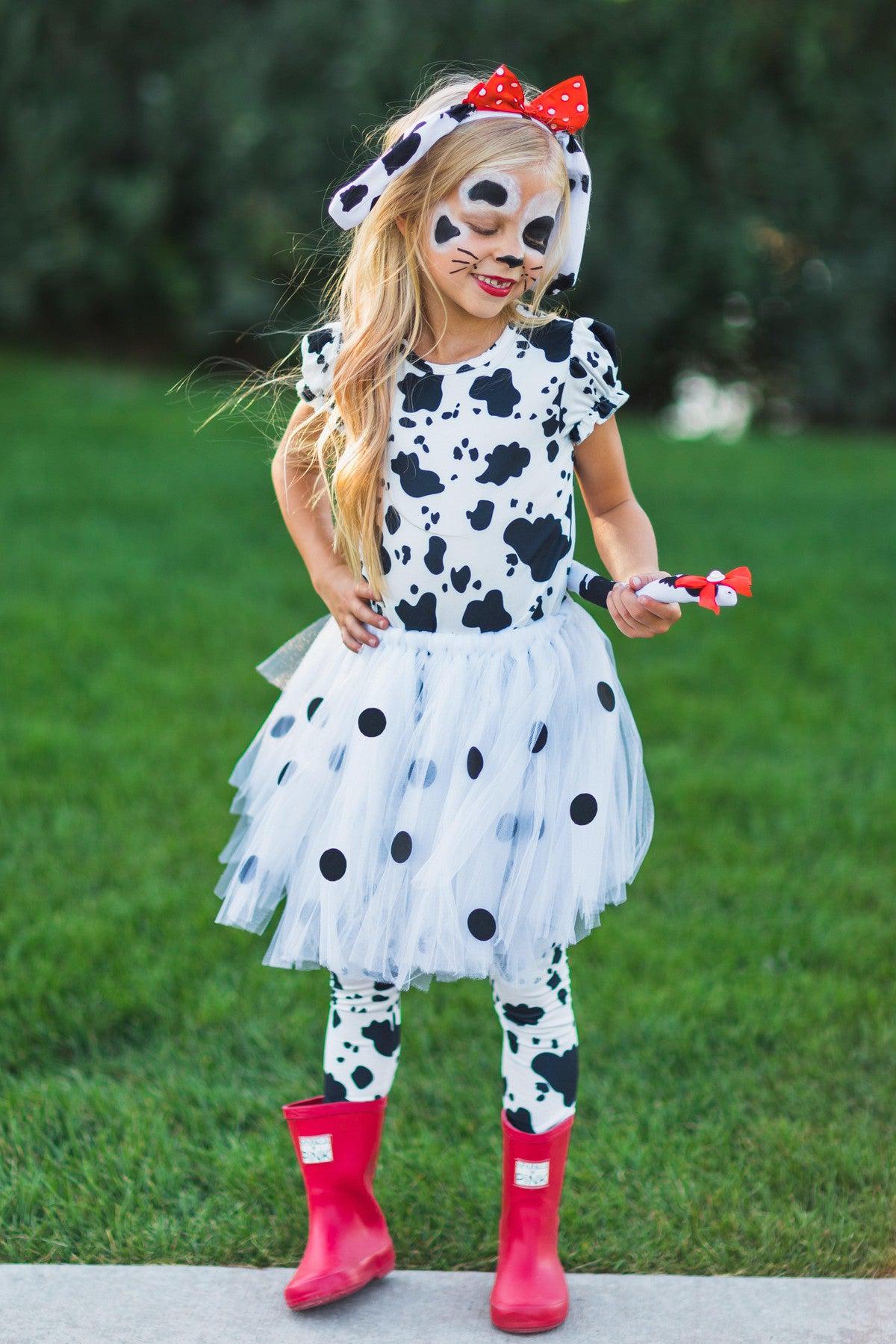 Dalmatian 5 Piece Costume Set - XXS-12-18 Months - Toddler Dalmatian costume with black spots, tutu skirt, leggings, ears headband, and red rain boots.