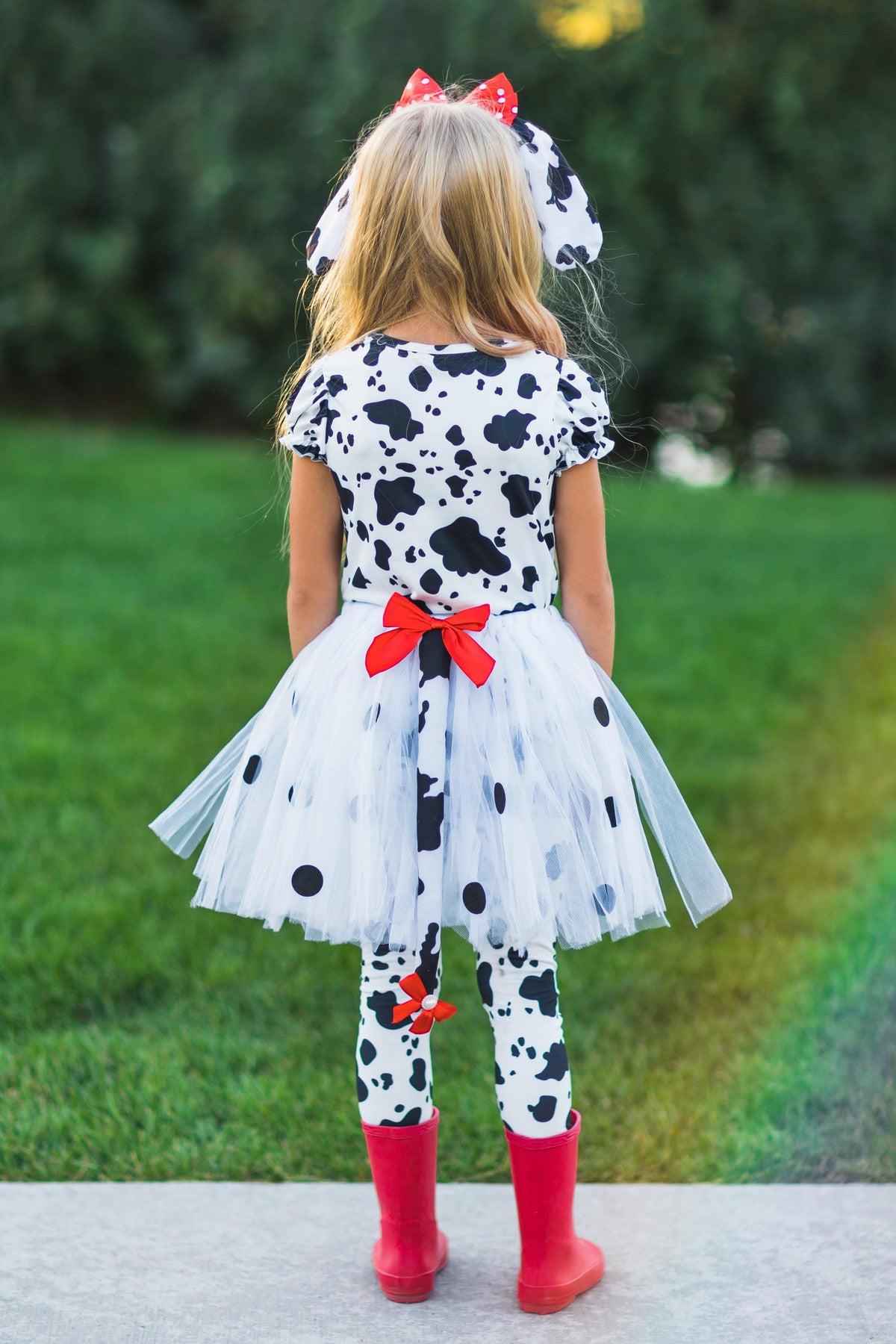 Dalmatian 5 Piece Costume Set - XXS-12-18 Months - Toddler Dalmatian costume with black spots, tulle skirt, red bows, and matching leggings.