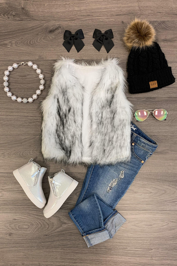 Deluxe Black & White Fur Vest - 3XS-6-12 Months - White and black fur vest with black pom pom beanie, ripped blue jeans, white high-top sneakers, black hair bows, beaded.