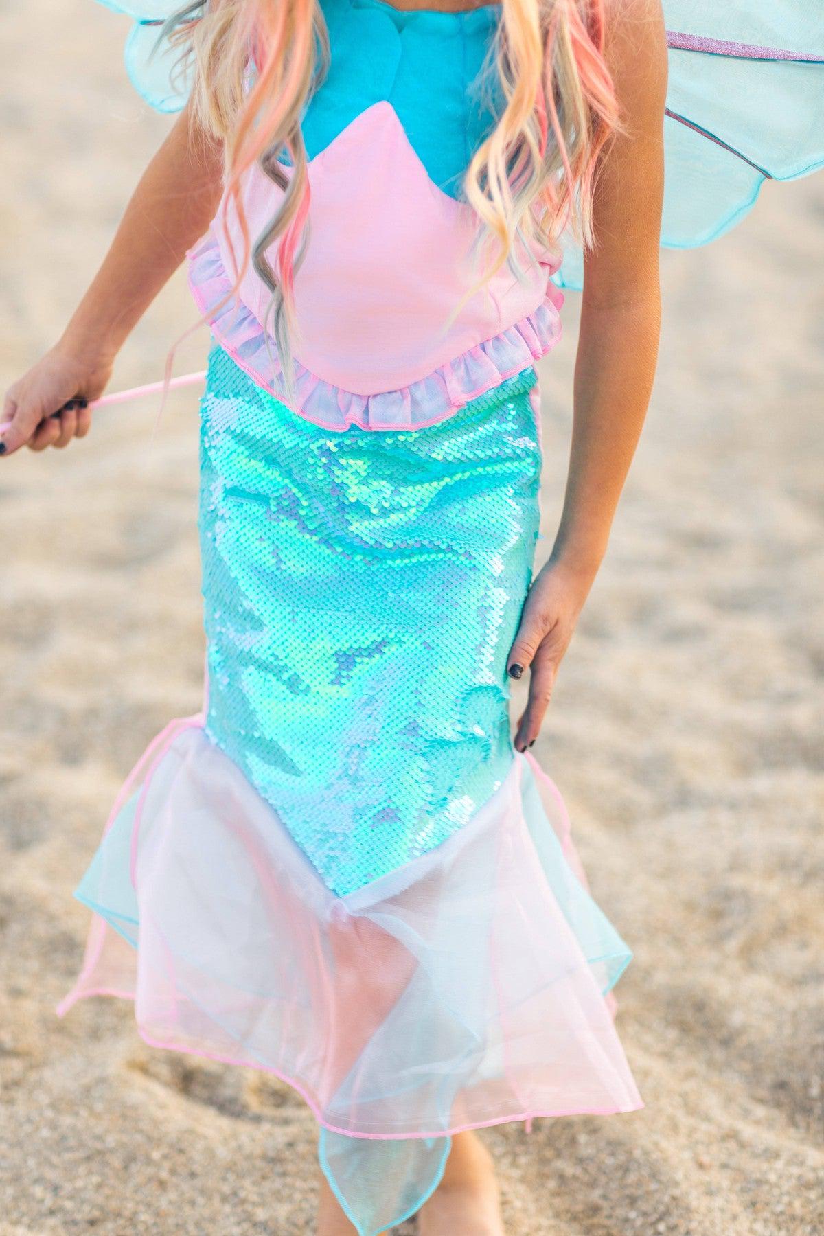 Deluxe Mermaid Costume - 4 Piece Complete Set! - XXS-12-18 Months - Blue and pink mermaid costume with sequined turquoise tail and sheer pink fin detail.